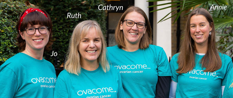Ovacome support and information team members Jo, Ruth, Cathryn and Annie wearing teal Ovacome t-shirts