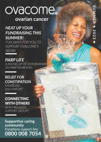 Cover of the Ovacome summer 2023 magazine featuring Adele Sewell at the Touch of Teal gala
